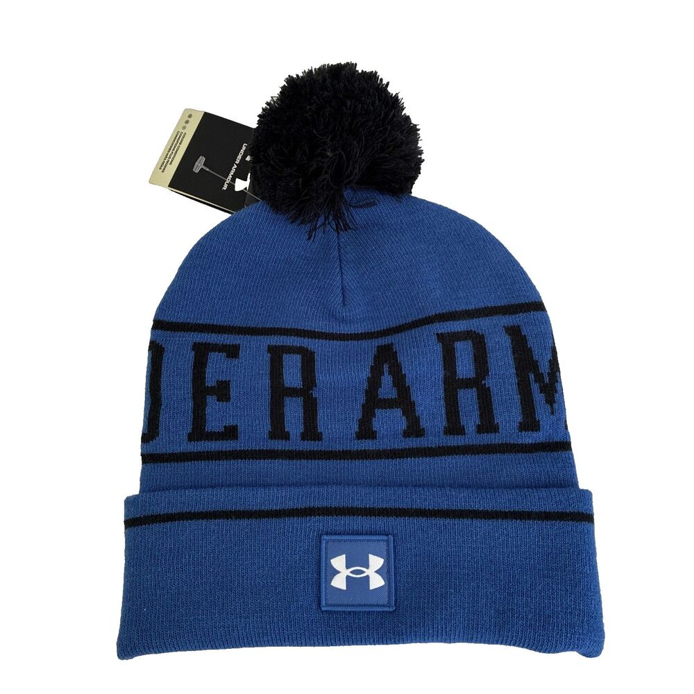 Under Armour Unisex Beanie Pom Cuffed‎ Blue Adult Unisex OSFM NWT Black Logo